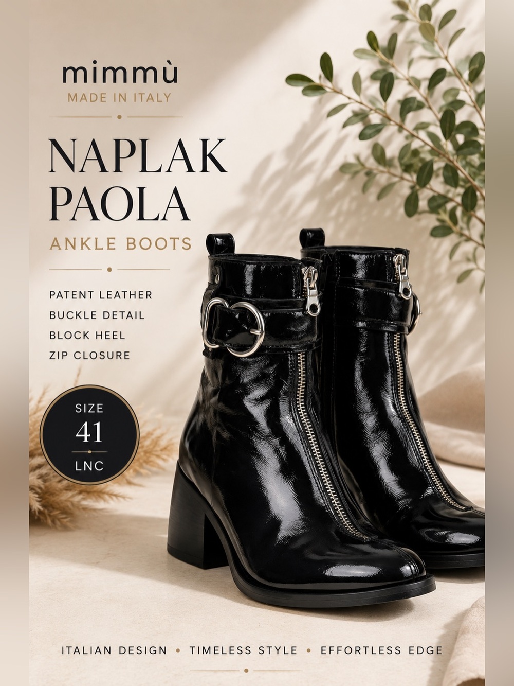 Mimmù Naplak Paola Black Patent Leather Ankle Boots EU 41 US 11